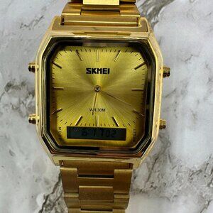 Skmei Watch Men Gold Tone Digital Analog Square Dial 34MM New Battery 8.25 Inch